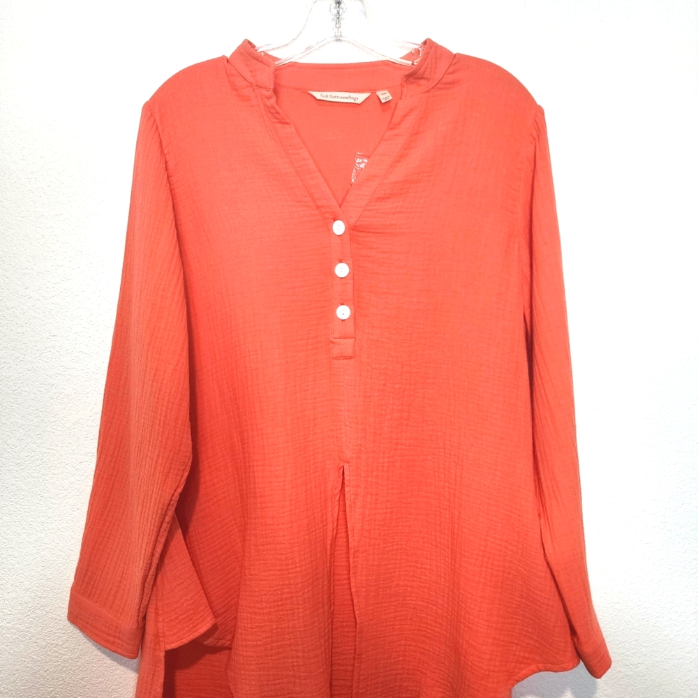 SOFT SURROUNDINGS Sea Breeze Gauze Cotton Front Tie Tunic Top Orange - Picture 3 of 10